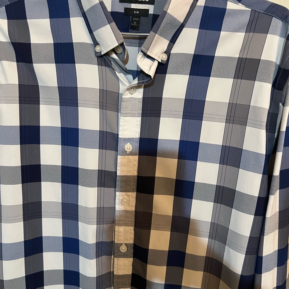 Express Men's Blue and Gray Checkered Shirt